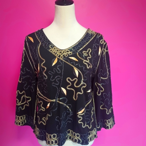 Lauren Michelle Tops - Vintage Lauren Michelle Black&Gold Embroidered V-neck Blouse (Size Large)